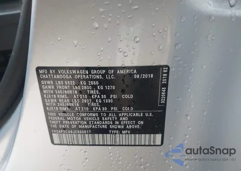 2018 Volkswagen Atlas 2.0T S from USA, damaged, VIN 1V2AP2CA5JC592817